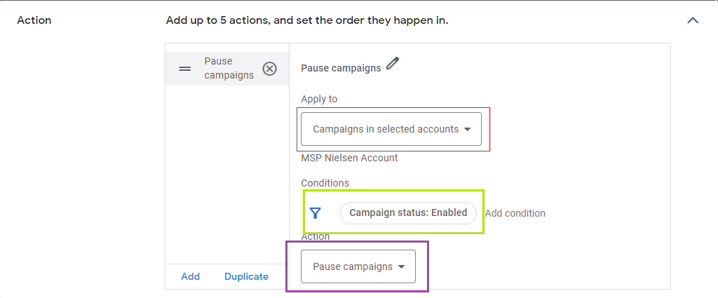 google ads rules action